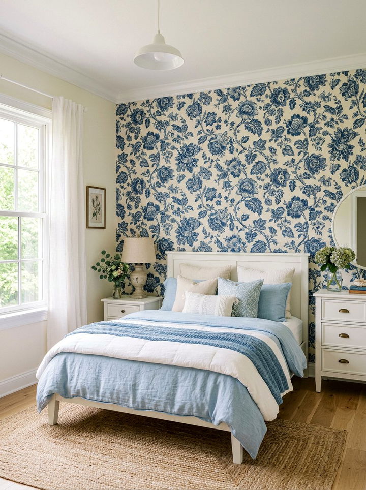 Blue Floral Wallpaper - 30 indigo bedroom ideas