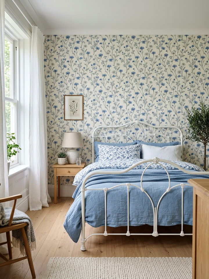 Blue Flower Wallpaper - 30 scandinavian blue bedroom ideas
