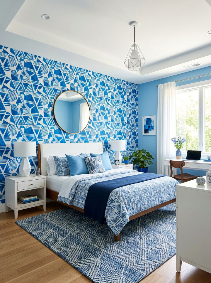 Blue Geometric Pattern Bedroom - 30 sky blue bedroom ideas