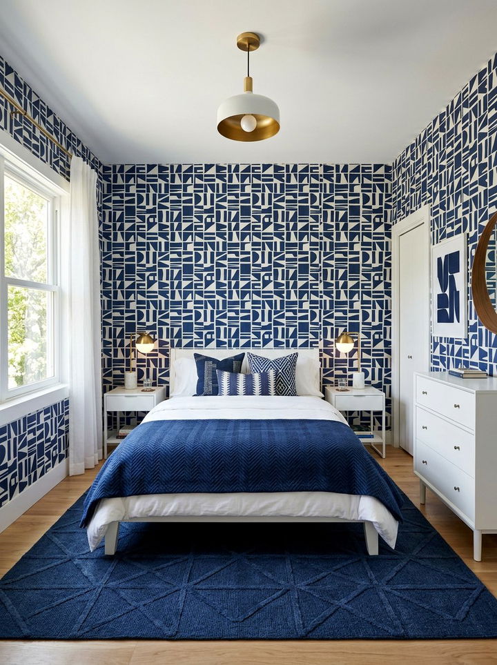 Blue Geometric Pattern Bedroom - 30 blue bedroom design ideas