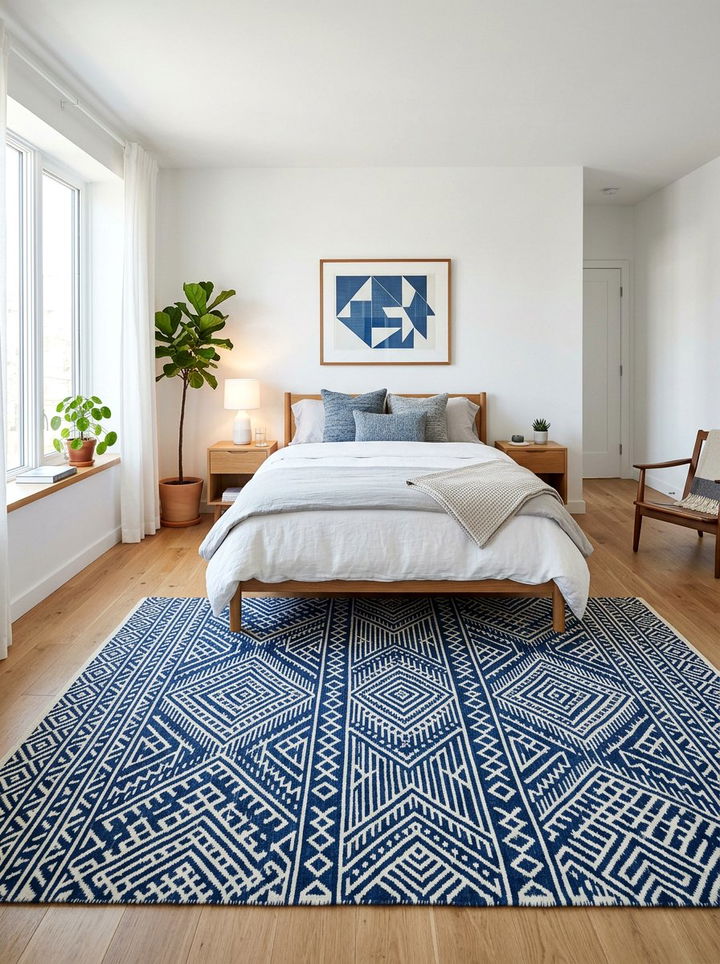 Blue Geometric Rug Bedroom - 30 minimalist blue bedroom ideas
