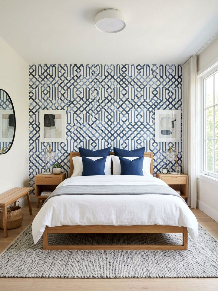 Blue Geometric Wallpaper - 30 blue bedroom ideas