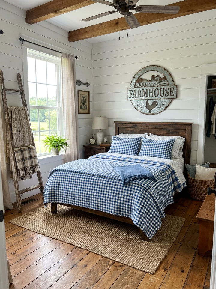 Blue Gingham Farmhouse Bedroom - 30 farmhouse blue bedroom ideas