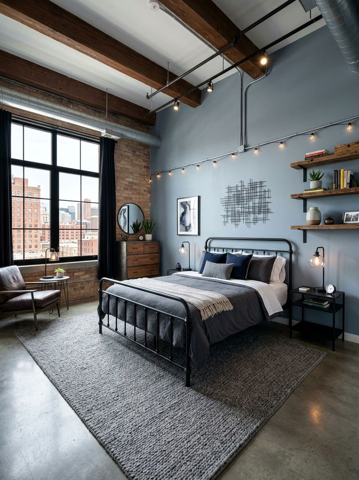 Blue Gray Industrial Bedroom - 30 cool blue bedroom ideas