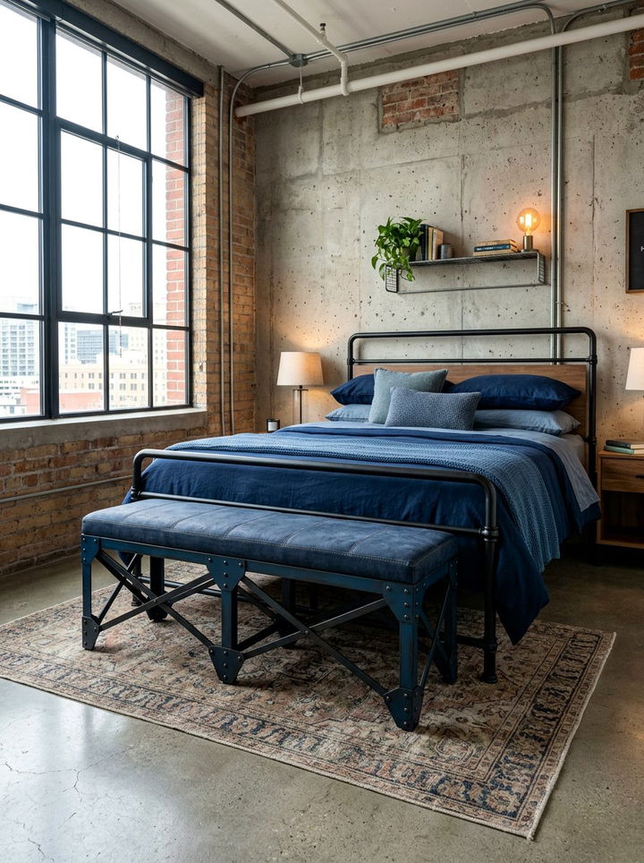 Blue Industrial Bedroom Bench - 30 industrial blue bedroom ideas