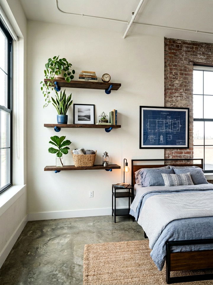 Blue Industrial Floating Shelves - 30 industrial blue bedroom ideas