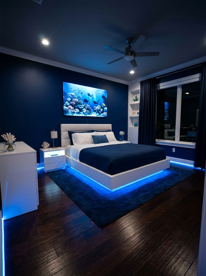 Blue LED Floor Lighting - 30 underwater bedroom ideas