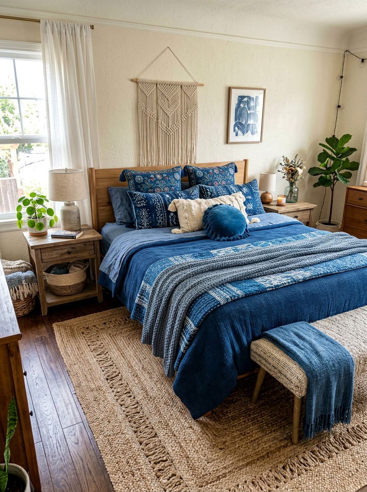 Blue Layered Boho Bedding - 30 bohemian blue bedroom ideas