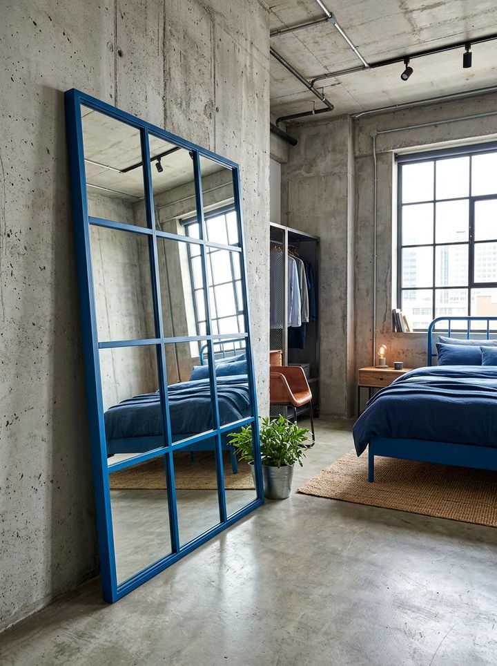 Blue Metal Frame Mirror - 30 industrial blue bedroom ideas