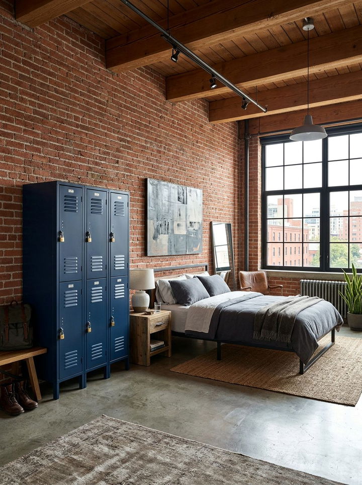 Blue Metal Locker Storage - 30 industrial blue bedroom ideas