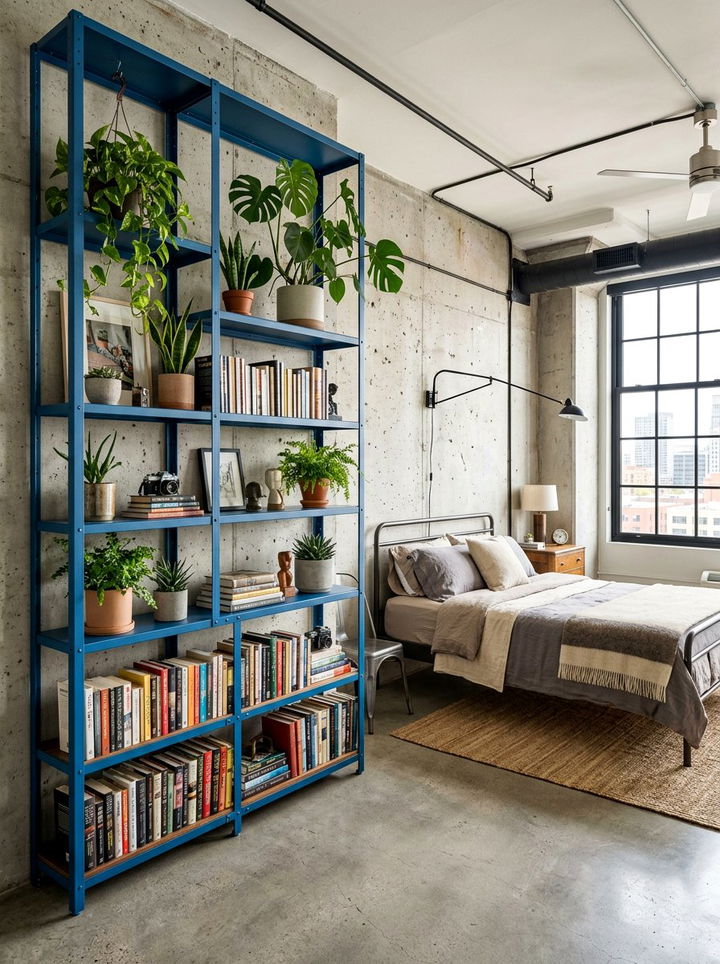 Blue Metal Open Shelving - 30 industrial blue bedroom ideas