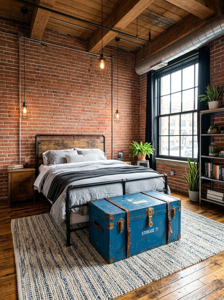 Blue Metal Storage Trunk - 30 industrial blue bedroom ideas