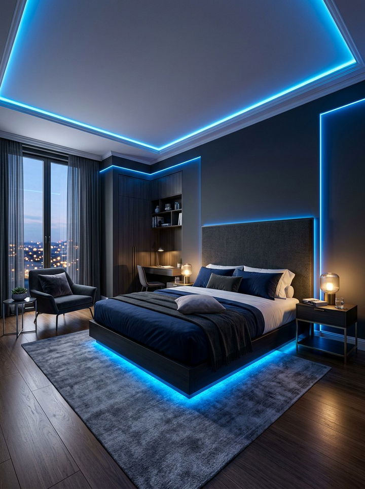 Blue Neon Wall Strips - 30 neon color bedroom ideas