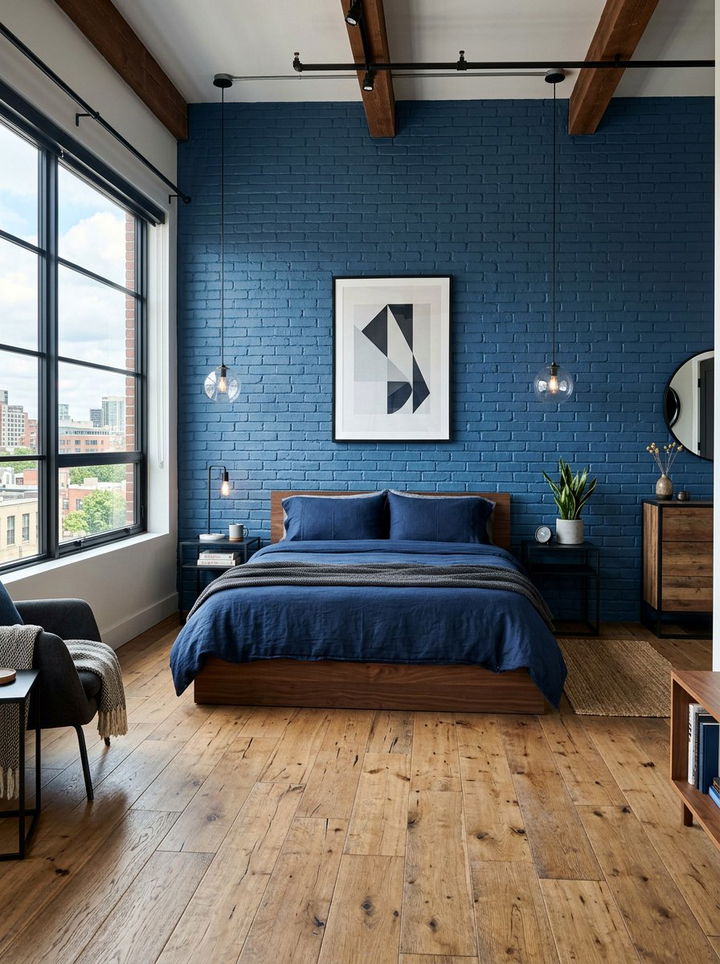 Blue Painted Brick Wall Bedroom - 30 industrial blue bedroom ideas