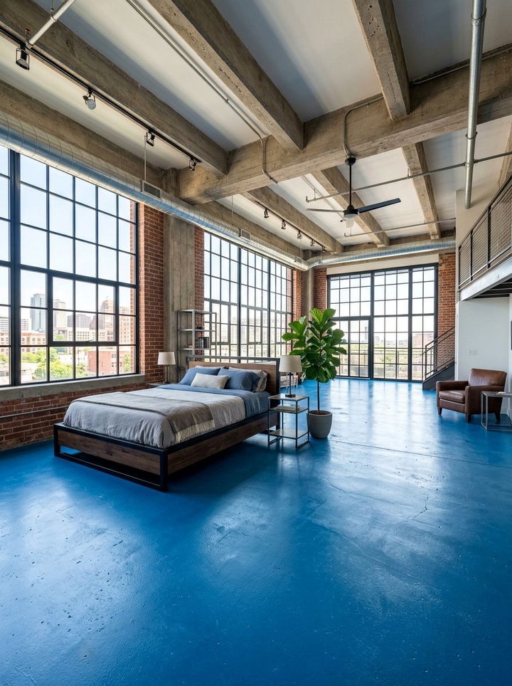 Blue Painted Concrete Floor - 30 industrial blue bedroom ideas