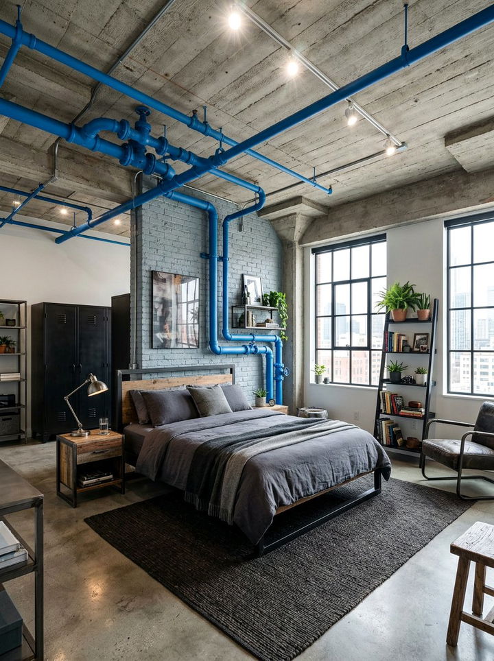 Blue Painted Exposed Pipes - 30 industrial blue bedroom ideas