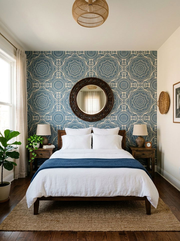 Blue Patterned Boho Wallpaper - 30 bohemian blue bedroom ideas