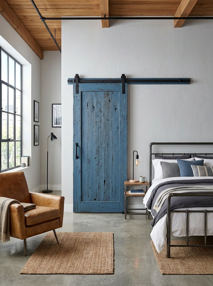 Blue Sliding Barn Door - 30 industrial blue bedroom ideas