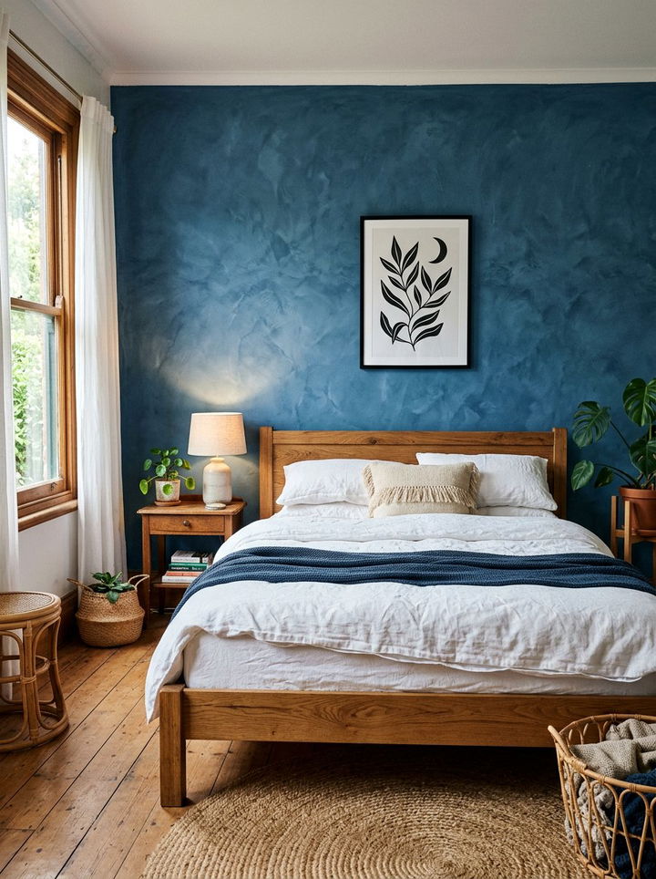 Blue Textured Boho Wall - 30 bohemian blue bedroom ideas