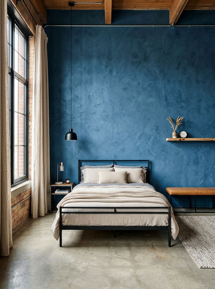 Blue Textured Plaster Wall - 30 industrial blue bedroom ideas
