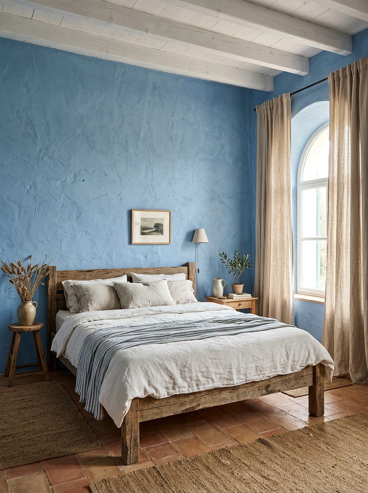 Blue Textured Plaster Wall - 30 rustic blue bedroom ideas