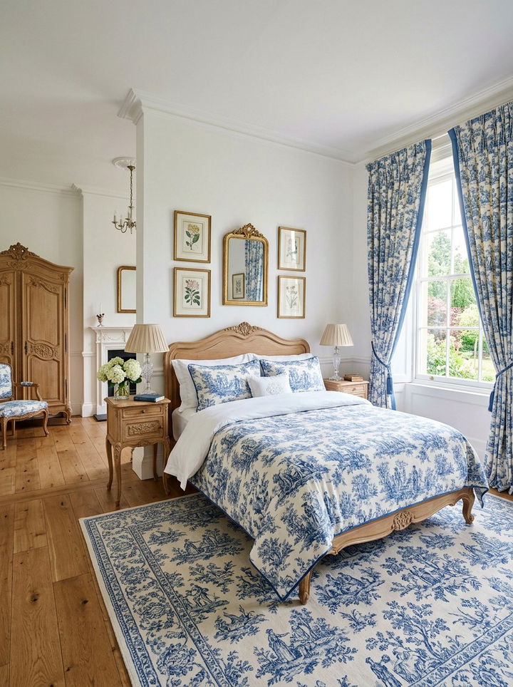 Blue Toile Floral Bedspread - 30 floral themed bedroom ideas