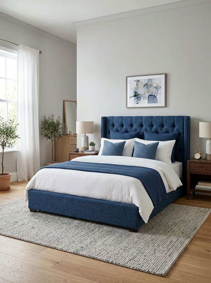 Blue Upholstered Bed Frame - 30 indigo bedroom ideas