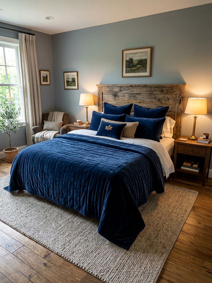 Blue Velvet Bedding Accents - 30 rustic blue bedroom ideas