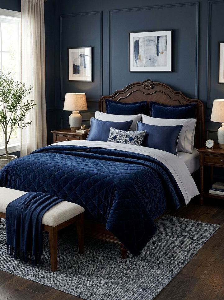 Blue Velvet Bedding - 30 bedroom layered bedding ideas