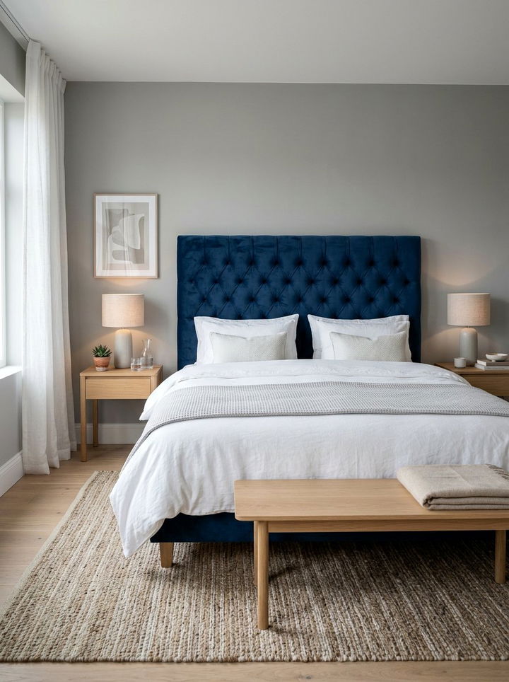 Blue Velvet Headboard - 30 scandinavian blue bedroom ideas