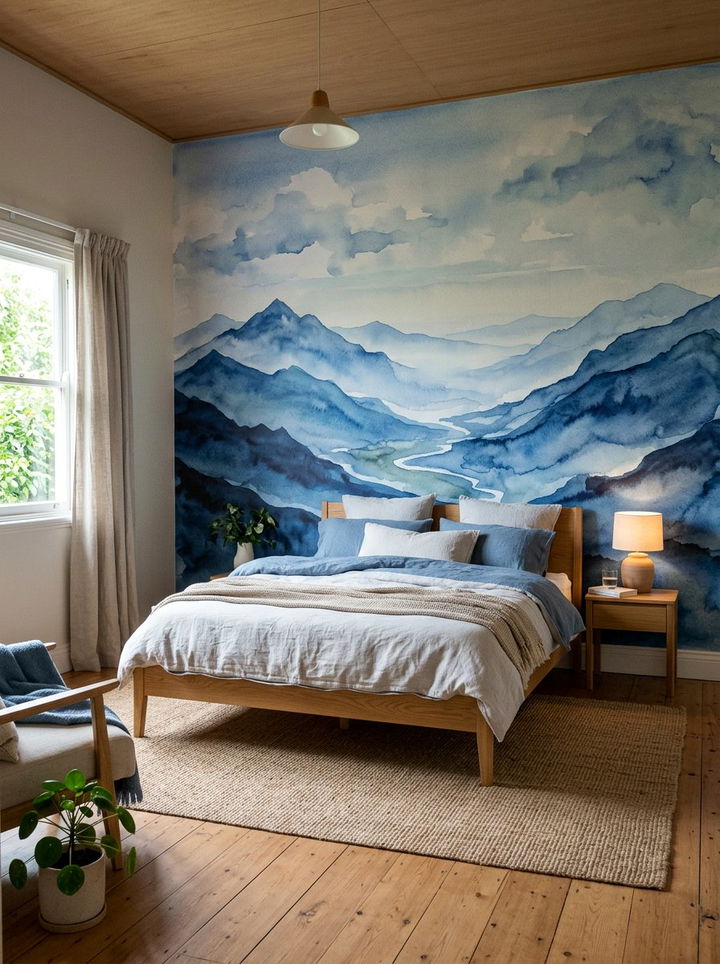 Blue Watercolor Wall Mural - 30 rustic blue bedroom ideas