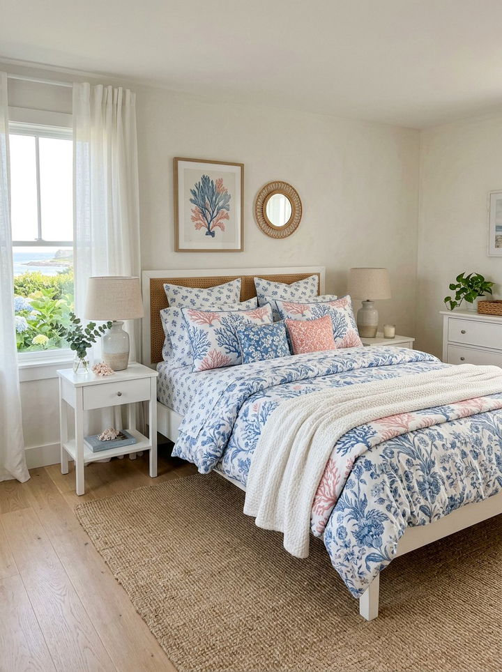 Blue White Floral Linens - 30 coastal blue bedroom ideas