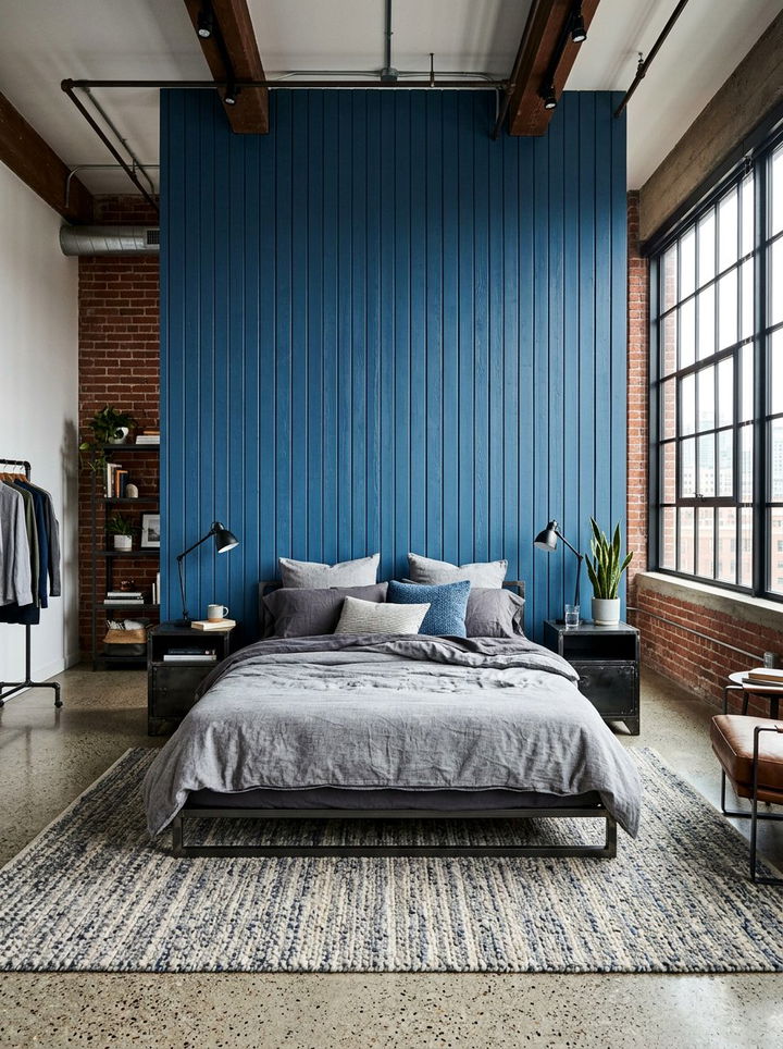 Blue Wood Slat Wall - 30 industrial blue bedroom ideas