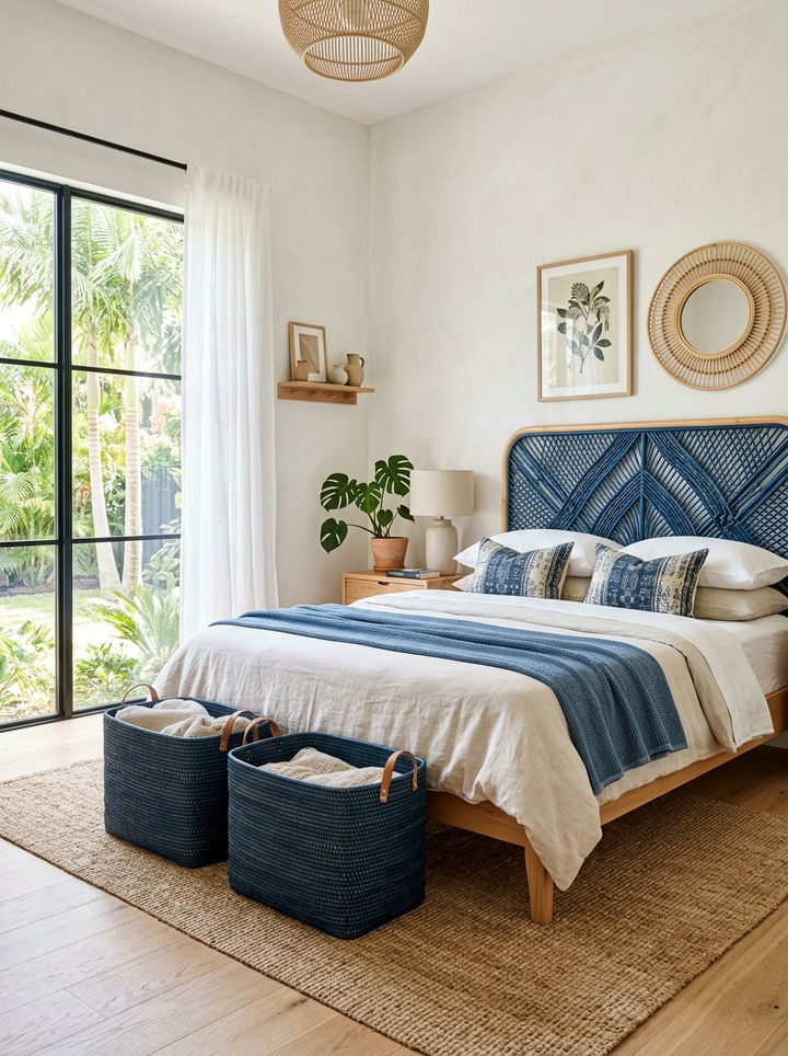 Blue Woven Rattan Accents - 30 indigo bedroom ideas