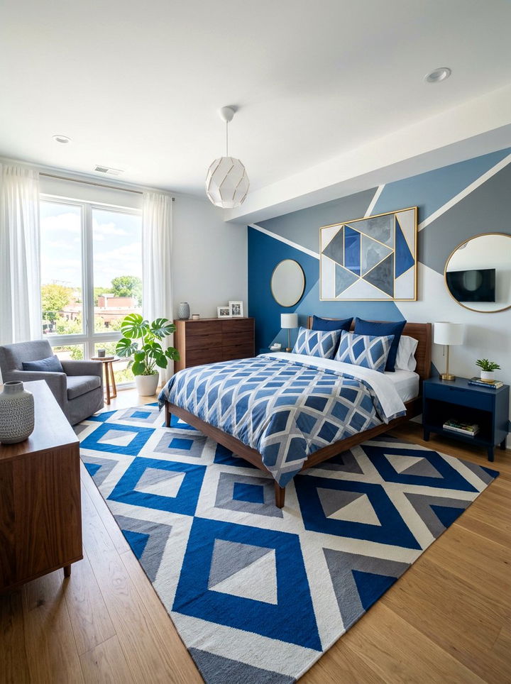Blue and gray geometric pattern bedroom - 30 blue and gray bedroom ideas