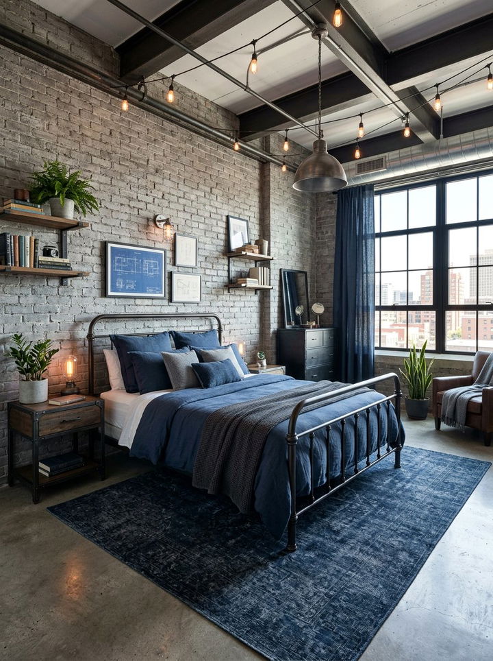 Blue and gray industrial style bedroom - 30 blue and gray bedroom ideas