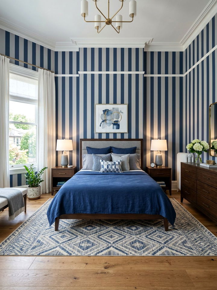 Blue and gray striped wallpaper bedroom - 30 blue and gray bedroom ideas
