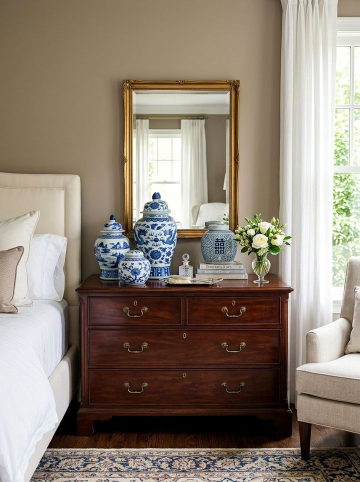 Blue and white ginger jar decor - 30 traditional blue bedroom ideas