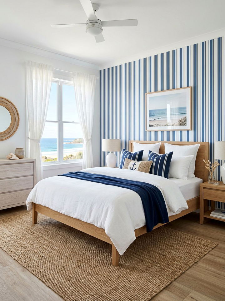 Blue and white vertical stripe - 30 bedroom striped wallpapers