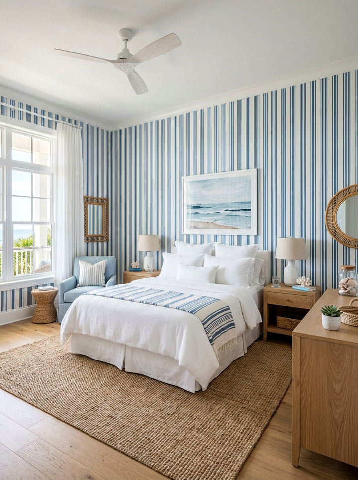Blue and white vertical stripes - 30 bedroom striped wall ideas