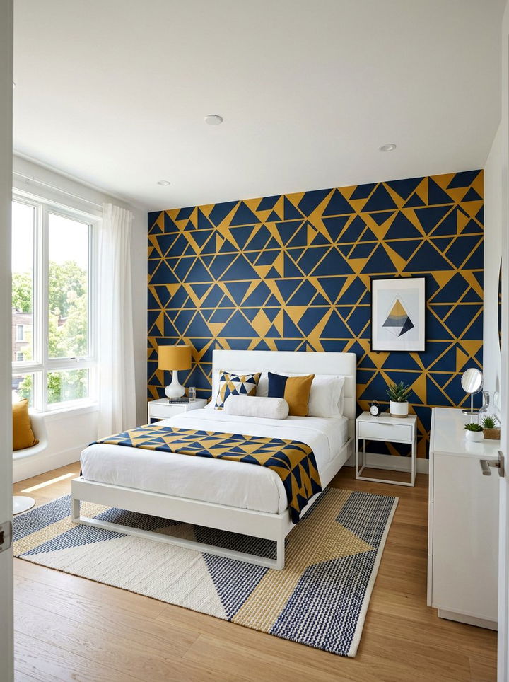 Blue and yellow geometric bedroom - 30 color block bedroom ideas