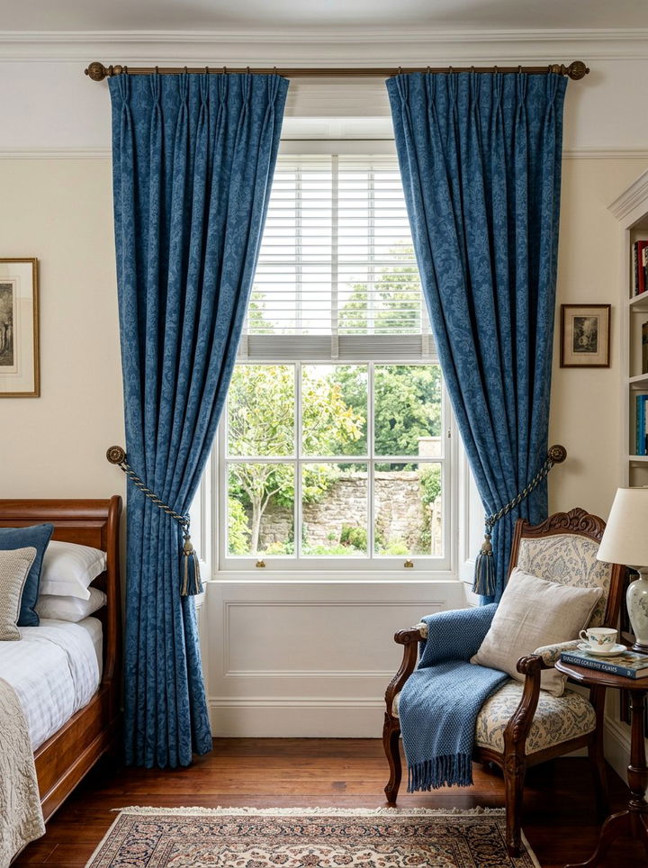 Blue damask curtains - 30 traditional blue bedroom ideas