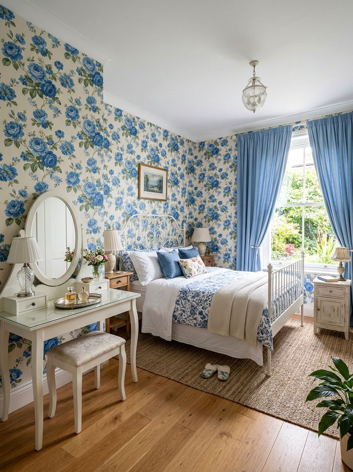 Blue floral wallpaper bedroom - 30 traditional blue bedroom ideas