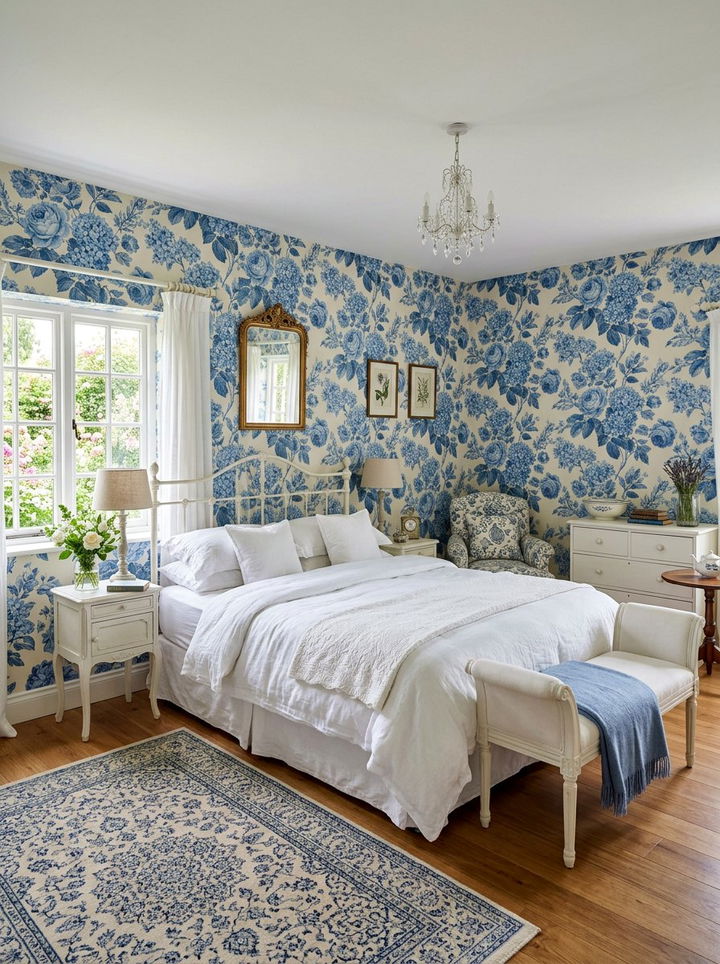 Blue floral wallpaper bedroom - 30 bedroom blue walls