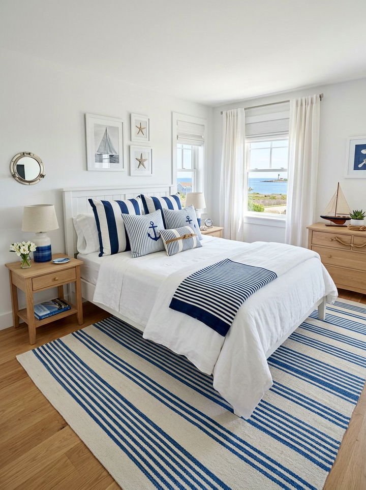 Blue striped patterns - 30 coastal white bedroom ideas