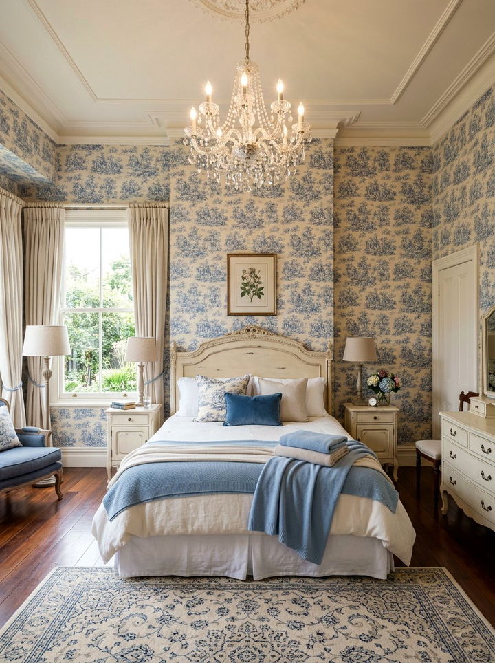 Blue toile wallpaper bedroom - 30 traditional blue bedroom ideas