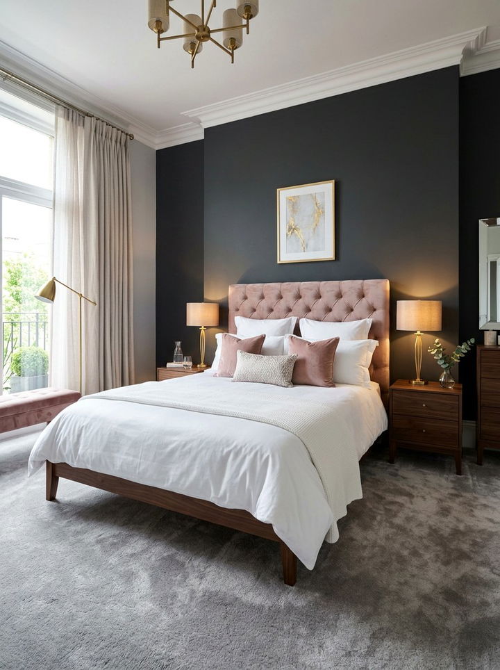 Blush Velvet Headboard Dark Grey Wall - 30 charcoal and blush bedroom ideas