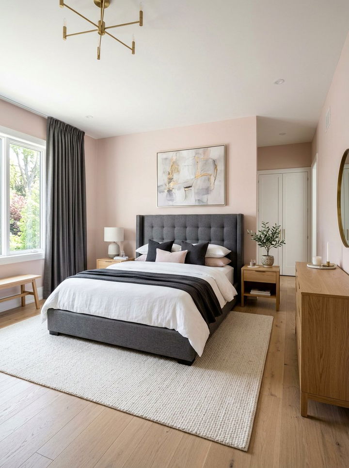 Blush Wall Charcoal Upholstered Bed - 30 charcoal and blush bedroom ideas