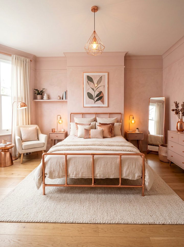 Blush pink and copper bedroom - 30 blush pink accent wall bedroom