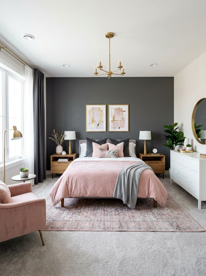 Blush pink and grey bedroom - 30 sunset inspired bedroom color ideas